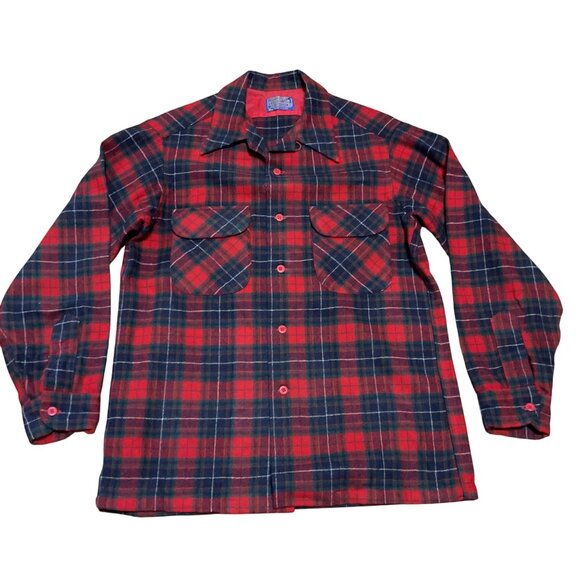 Vtg Pendleton Board Shirt M Virgin Wool Plaid Loop Collar Long Sleeve Shacket - Picture 1 of 4